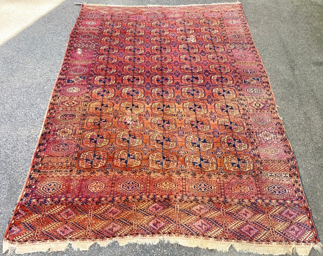 ANTIQUE BUKHARA TURKMEN HAND KNOTTED RUG, DISTRESSED, 7.10 x 10.6 (239cm x 320cm) - 2