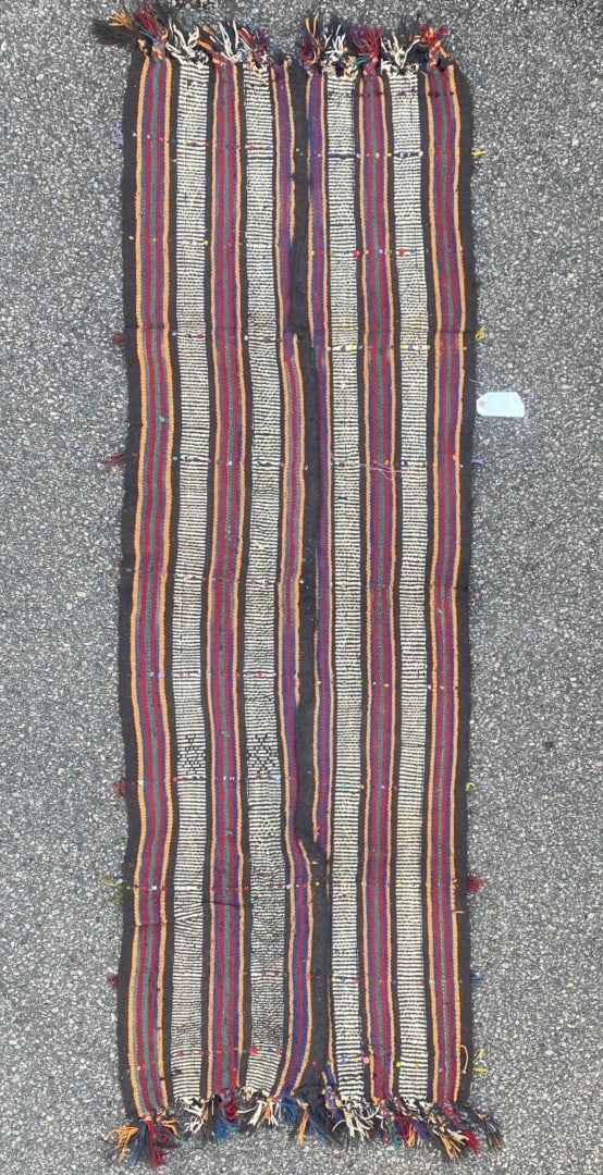 VINTAGE QASHQAI KILIM HAND KNOTTED RUG, DISTRESSED, 2.2 x 6.6 (66cm x 198cm): Vintage Qashqai Kazak flat weave rug was hand knotted in Turkey of 100% natural wool and has flat weave wool piles. This rug is 60+ years old and is in excellent condition for its age,
