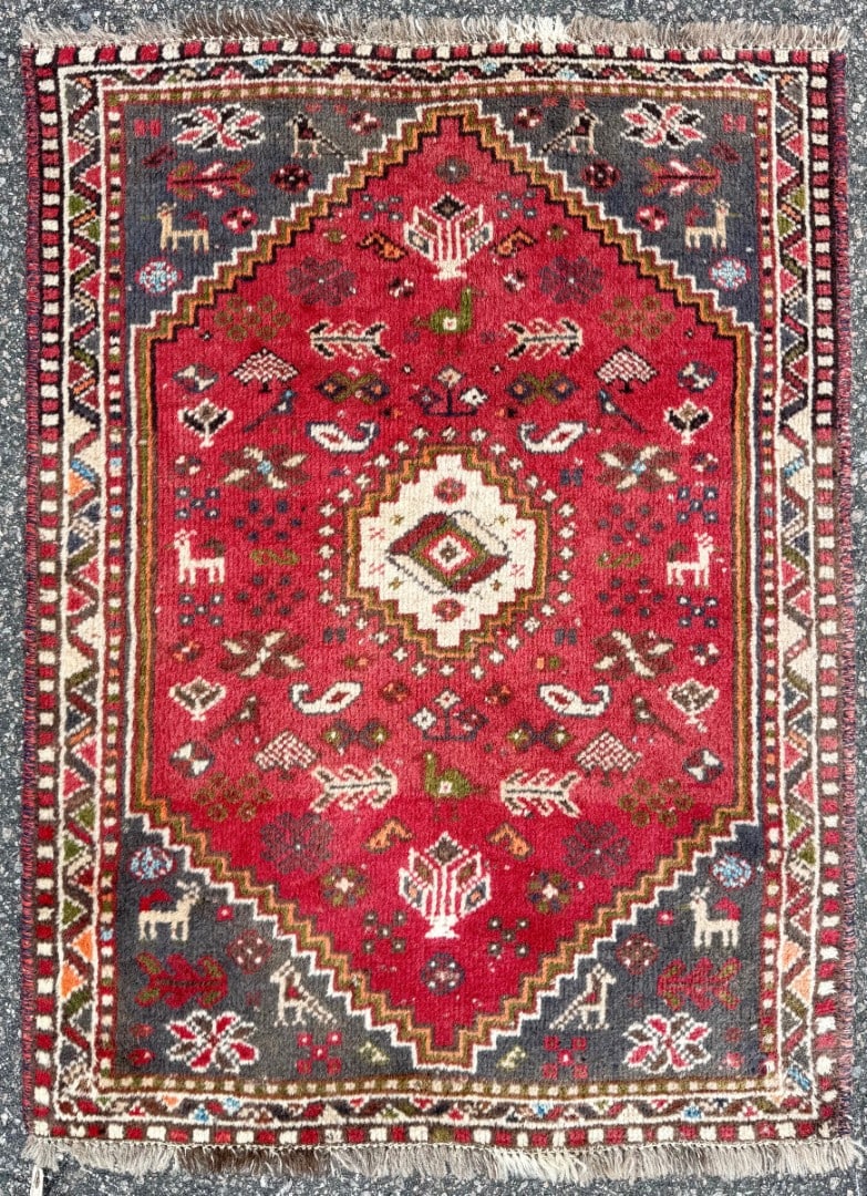 PERSIAN QASHQAI SHIRAZ TRIBAL HAND KNOTTED RUG, ANIMAL MOTIF, FOLK ART, 2.6 x 3.5 (76cm x 104cm): A striking, hand-knotted vintage Persian Qashqai tribal rug from the Shiraz region of Southwest Iran. This carpet contains the highly desirable animal-filled field and bold geometric design language