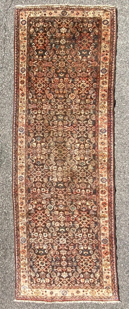 ANTIQUE PERSIAN BIDJAR HAND KNOTTED RUNNER, 3.7 x 10.3 (109cm x 312cm): Antique Persian Bidjar runner was hand knotted in Iran of 100% natural wool with a cotton foundation. This rug is 90+ years old and has medium wool piles and is in excellent condition for its