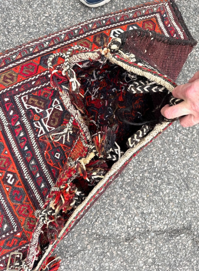 VINTAGE PERSIAN TRIBAL KHORJIN SADDLE BAG, HANDWOVEN NOMADIC DOUBLE-POUCH, 2.5 x 5.1 (74cm x 155cm) - 2