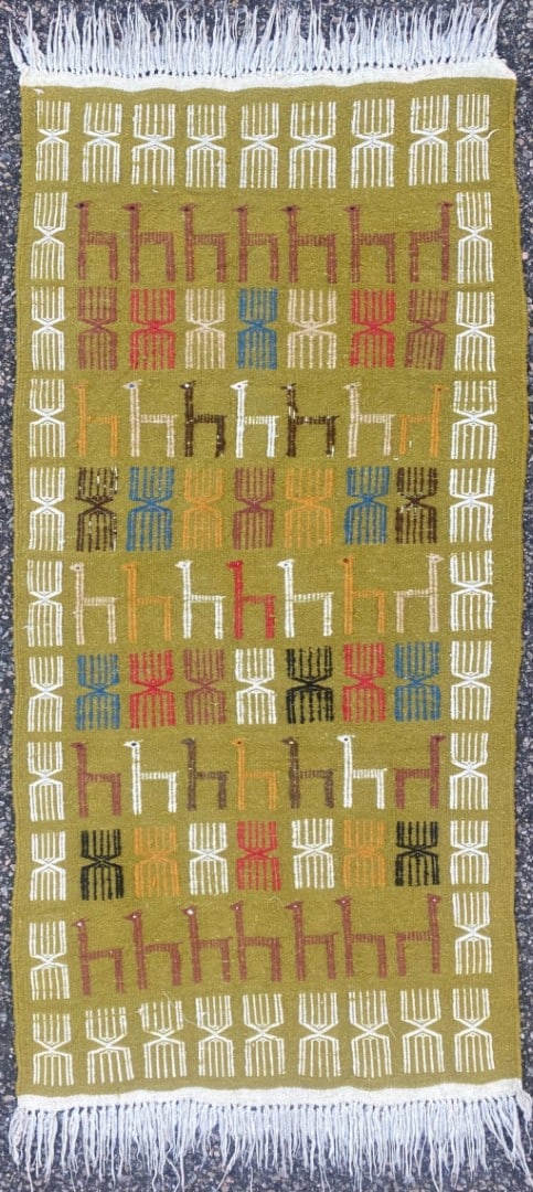 SOUMAK PICTORIAL FLAT WEAVE HAND KNOTTED RUG, 1.8 x 3.5 (51cm x 104cm): Tribal Soumak flat weave rug was hand knotted in Afghanistan of 100% natural wool and has perfect, flat weave wool piles and is in like new condition. Beautiful colors with excellent