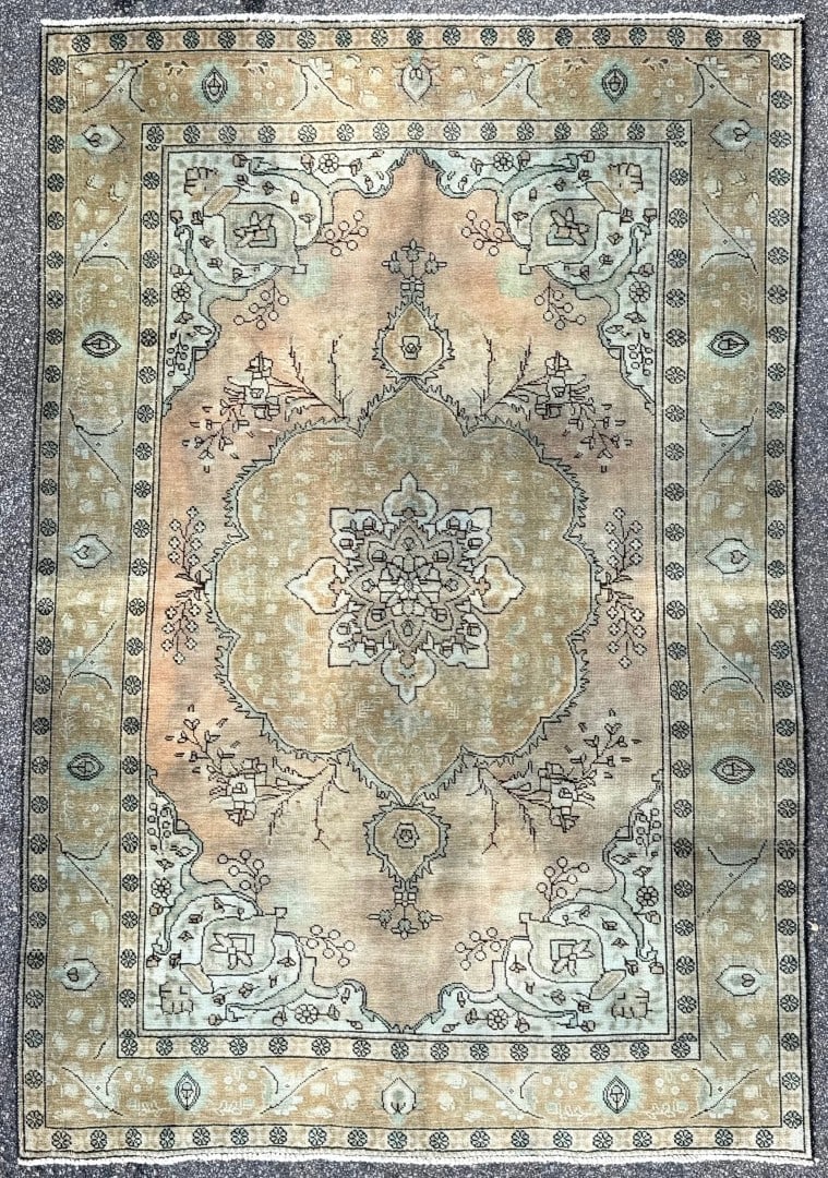 ANTIQUE PERSIAN TABRIZ HAND KNOTTED RUG, 6.7 x 9.5 (201cm x 287cm): Antique Persian Tabriz rug was hand knotted in Iran of 100% natural wool and has a cotton foundation. The rug is 120+ years old, has medium to low wool piles and is in excellent