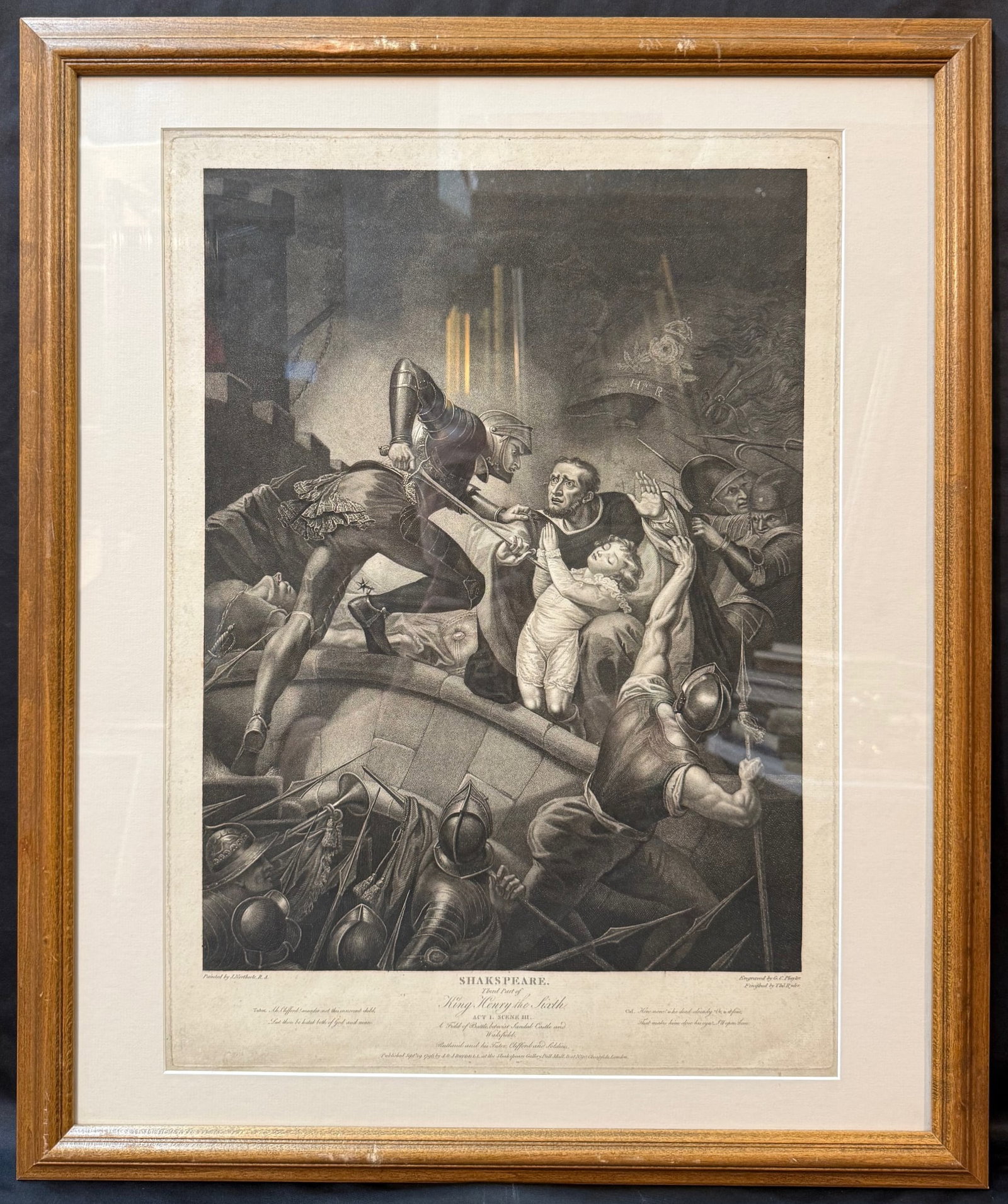 SHAKESPREARE HENRY VI, ENGRAVED BY GEORGE C. PLAYTER (LATE 18 th CENTURY) AFTER JAMES NORTHCOTE: An original, late-18th-century English historical engraving illustrating a dramatic scene from William Shakespeare’s history play The Third Part of King Henry VI, Act I, Scene III. The composition d