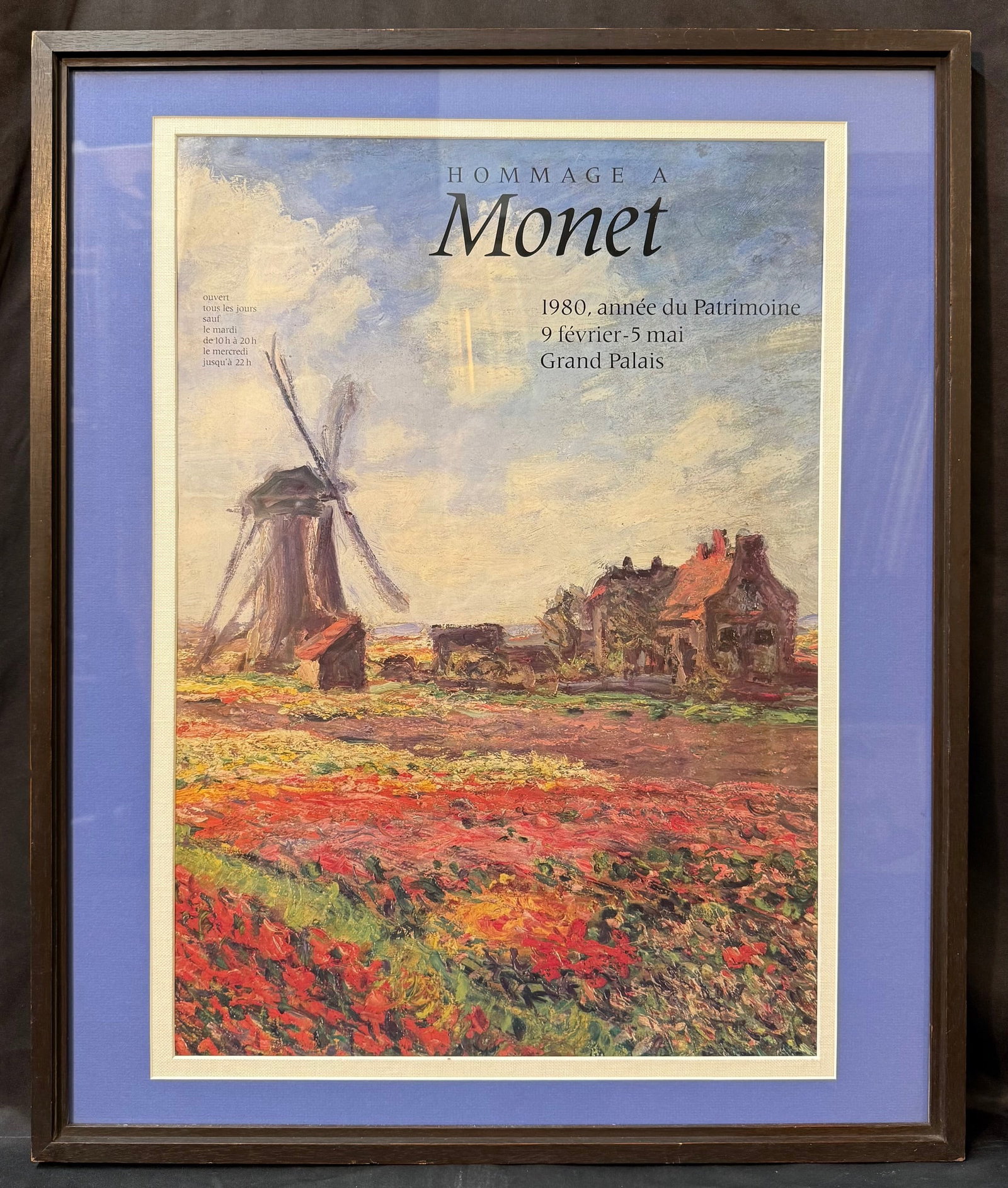 HOMMAGE A MONET, GRAND PALAIS EXHIBITION POSTER, 1980, 23IN x 27.5IN (58cm x 70cm): A striking and authentic museum exhibition poster issued for the major 1980 tribute exhibition Hommage à Monet, held at the Grand Palais, Paris from 9 February to 5 May 1980. The poster features a vi
