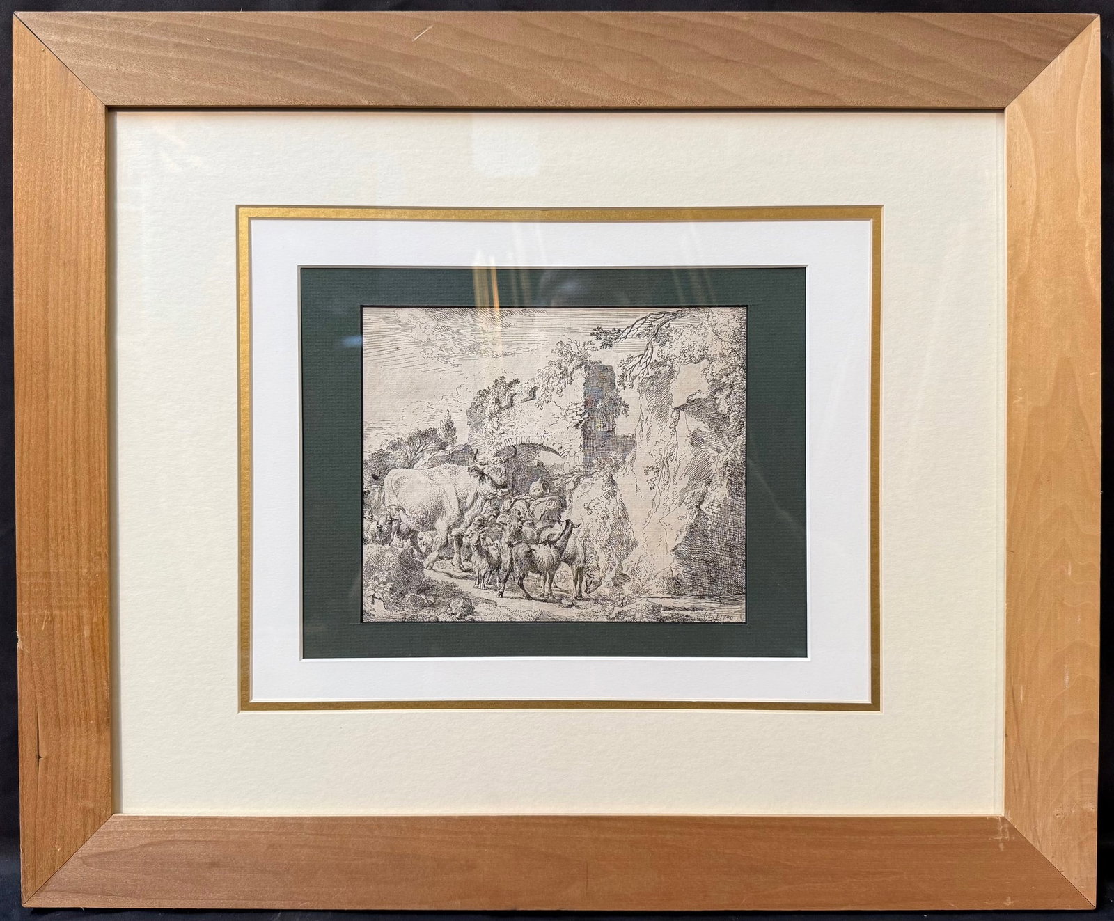 ORIGINAL CHRISTIAN DIETRICH (1712-1774) ETCHING TITLED PASTORAL LANDSCAPE WITH HERD AND RUINS, 1740, (1 of 7)