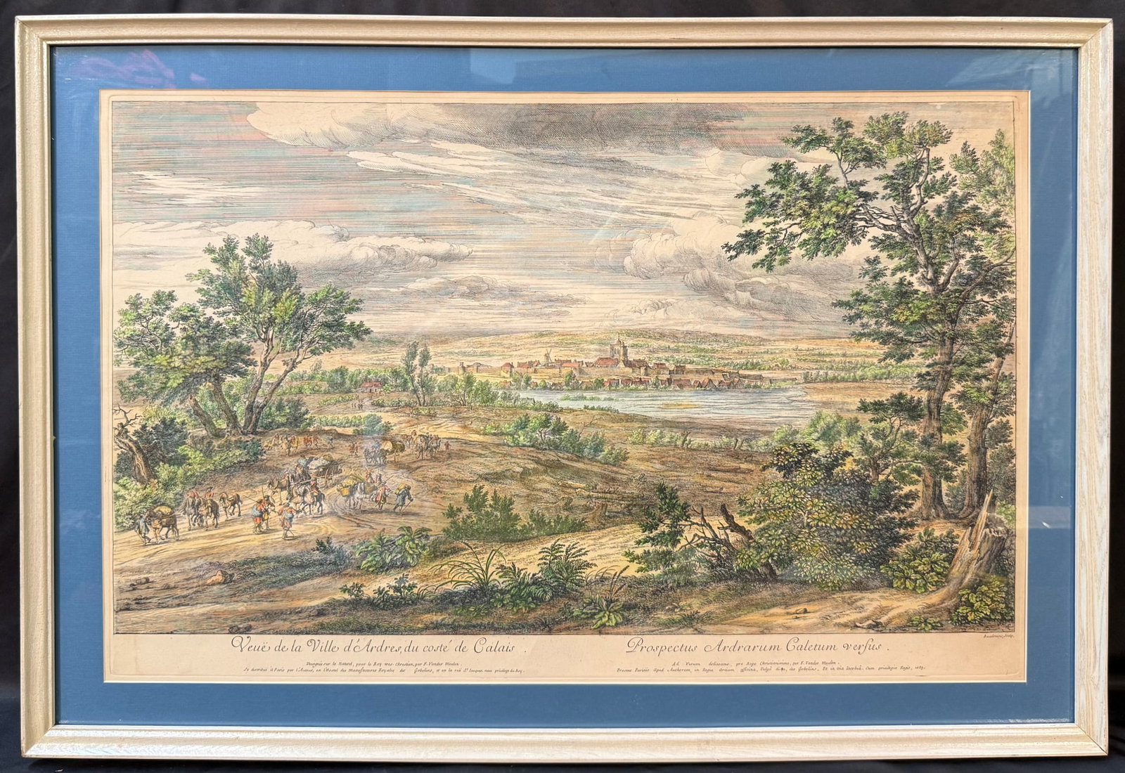 MICHEL BAUDOIN (1691-1768) ETCHING AND AQUATINT AFTER ADAM FRANS VAN DER MEULEN (1632-1690) TITLED: Etching and aquatint with touches of hand coloring on thick wove paper by Michel Baudoin (1691-1768). This piece is after Adam Frans Van Der Meulen (1632-1690) painting titled Veues de la Ville d’An