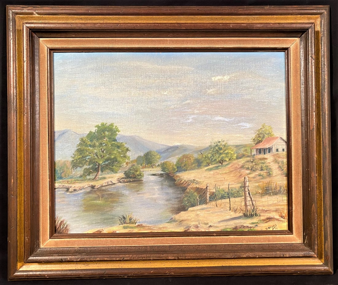 S. HAYES ORIGINAL ACRYLIC ON CANVAS LANDSCAPE – 21 IN x 25 IN: Original acrylic on canvas by artist S. Hayes showing a house in the country in front of a lake. This painting is mounted and framed, and it is signed by the artist. It measures 21 inches x 25 inches.