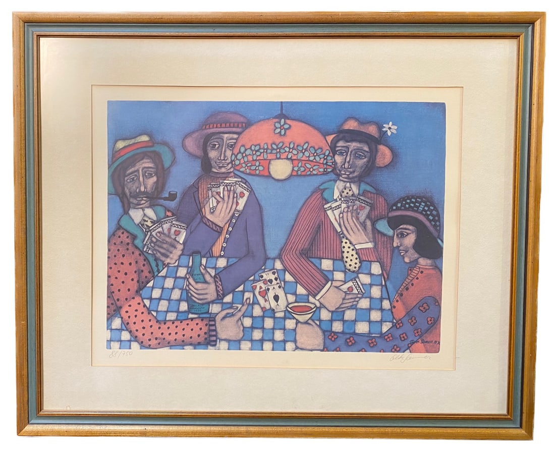 ELKE SOMMER (1940) LIMITED EDITION, HAND SIGNED LITHOGRAPH TITLED THE GAMBLERS – 28IN x 33IN: Limited edition Elke Sommer (1940) Lithograph titled The Gamblers. It is hand signed in pencil in the lower right. It is hand numbered in pencil on the front in the lower left, it being 88/750. It mea