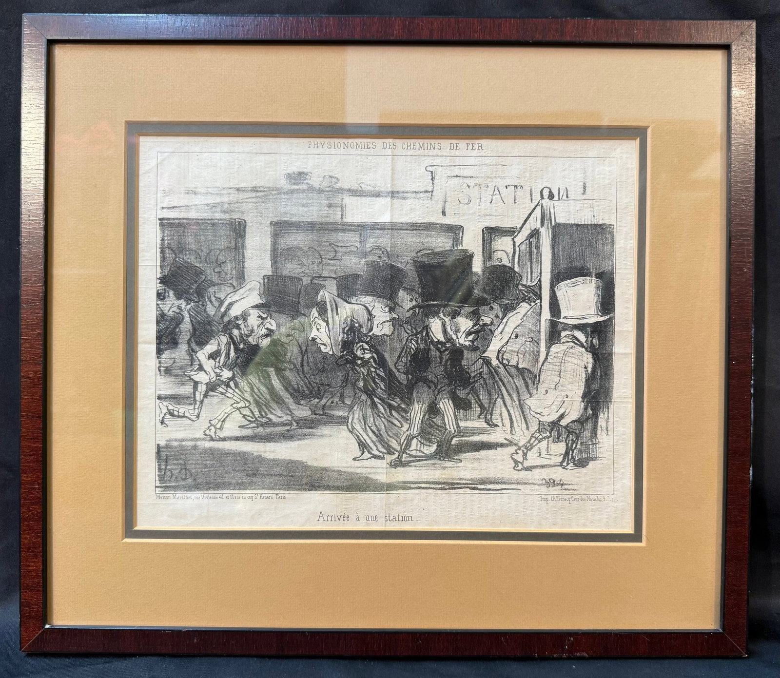 HONORE DAUMIER (1808-1879) ORIGINAL LITHOGRAPH TITLED ARRIVEE A UNE STATION, 15IN x 17IN (38cm x: Honore Daumier original lithograph titled Arrivee A Une Station. This was produced in 1852 in Le Charivari. This piece is double matted and framed in a wooden frame. With frame, it measures 15 inches 