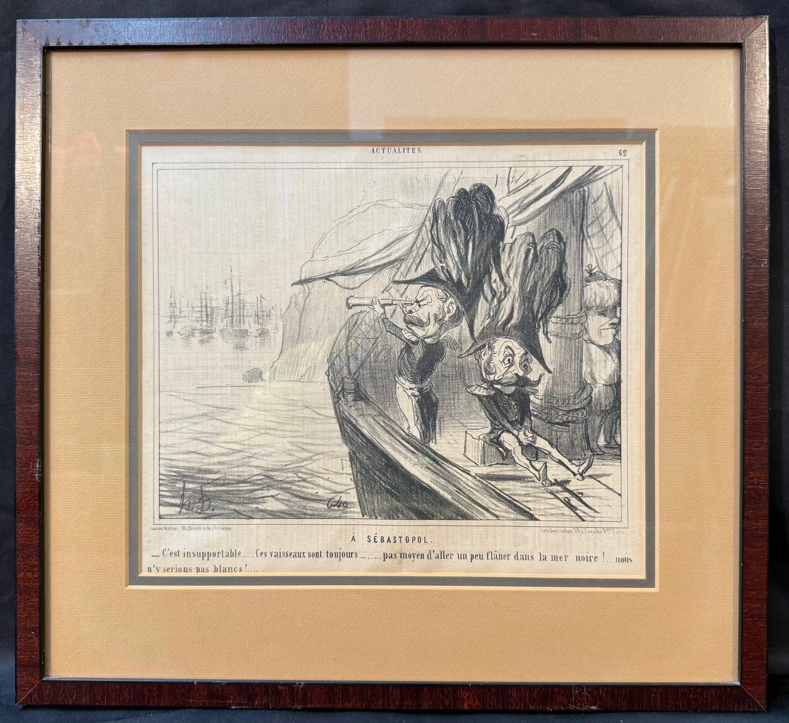 HONORE DAUMIER (1808-1879) ORIGINAL LITHOGRAPH TITLED ACTUALITES A SEBASTOPOL, 15IN x 16.5IN (38cm x: Honore Daumier original lithograph titled Actualites A Sebastopol. This was produced in the 1850s. This piece is double matted and framed in a wooden frame. With frame, it measures 15 inches x 16.5 in