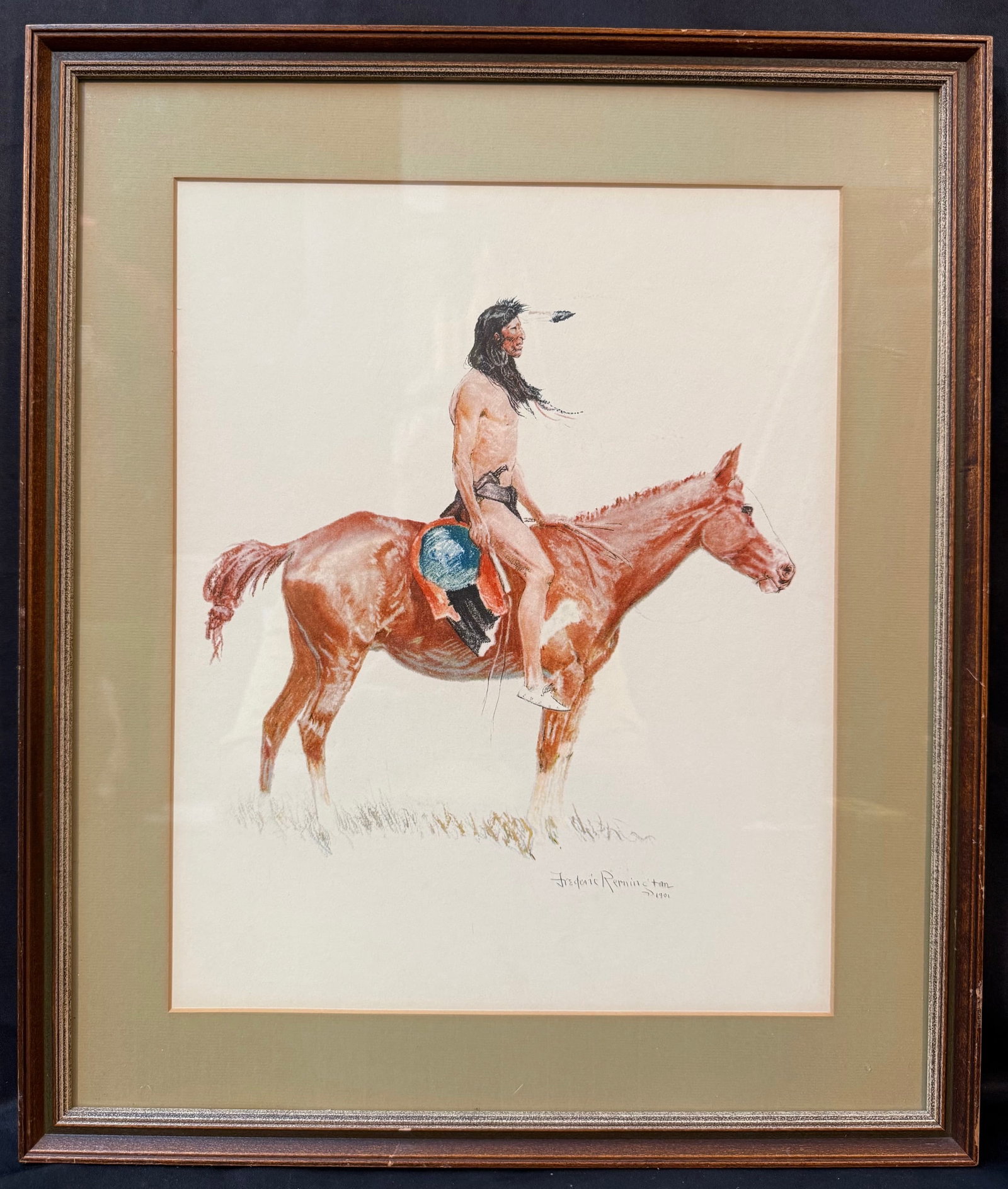 FREDERIC REMINGTON (1861-1909) LITHOGRAPH TITLED A CHEYENNE BUCK, 17IN X 20IN (43cm X 51cm): A lithograph by celebrated American artist Frederic Remington (1861-1909). It is titled A Cheyenne Buck, after the original which was produced in 1901. This piece was printed in 1956 by Penn Prints in