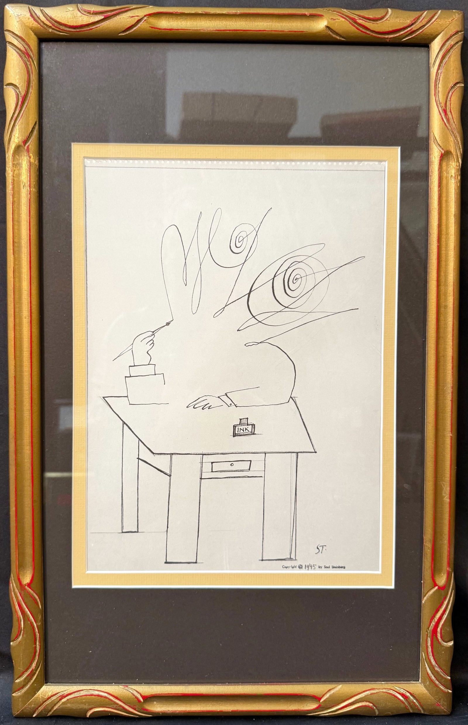 SAUL STEINBERG (1914-1999) LITHOGRAPH TITLED INK, 13.5IN x 21.5IN (34cm x 55cm): Saul Steinberg (1914-1999) lithograph titled Ink. It is after the original which was drawn in 1945. This lithograph was produced in 1977 in Paris by Gallery Maeght Paris for Derriere le Mirior. It is 