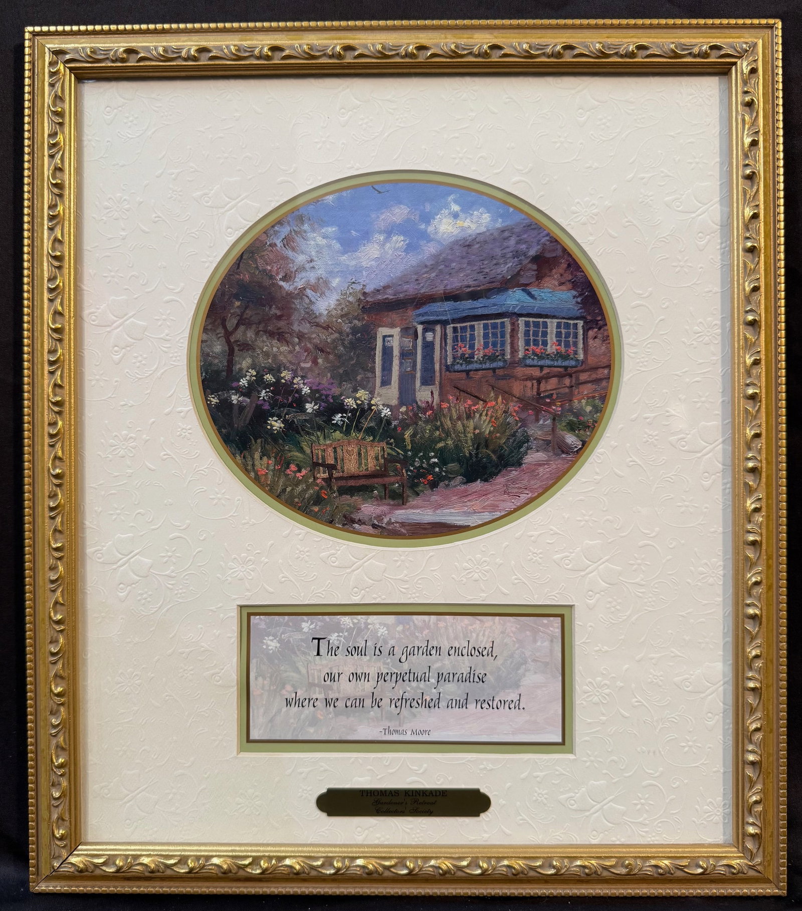 THOMAS KINKADE (1958-2012) LIMITED EDITION, LANDSCAPE PRINT WITH COA TITLED GARDENERS RETEAT, 14IN X: Limited edition, landscape print by Thomas Kinkade (1958-2012). It is titled Gardener’s Retreat, and it measures 14 inches x 16 inches. It was produced in 1999 and it is double matted and framed in 