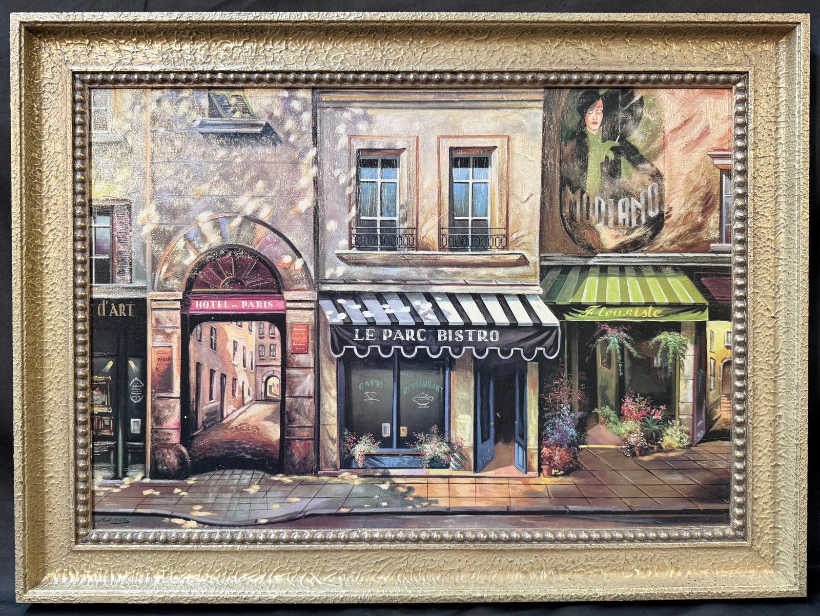 MARK ST JOHN (1956-2007) TEXTURED PRINT TITLED LE PARC BISTRO, 25IN x 33.5IN (64cm x 85cm): Mark St John textured print titled Le Parc Bisto. It is after the original which was painted sometime before the mid 1980s. This evocative, Parisian street scene captures the romantic charm of a quiet