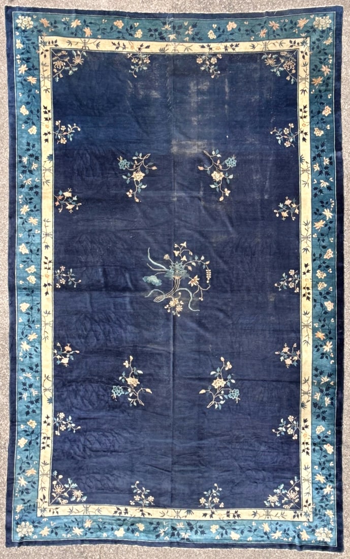 MANSION ANTIQUE CHINESE NICHOLS ART DECO HAND-KNOTTED RUG, INDIGO FIELD, MINIMALIST OPEN DESIGN, (1 of 7)