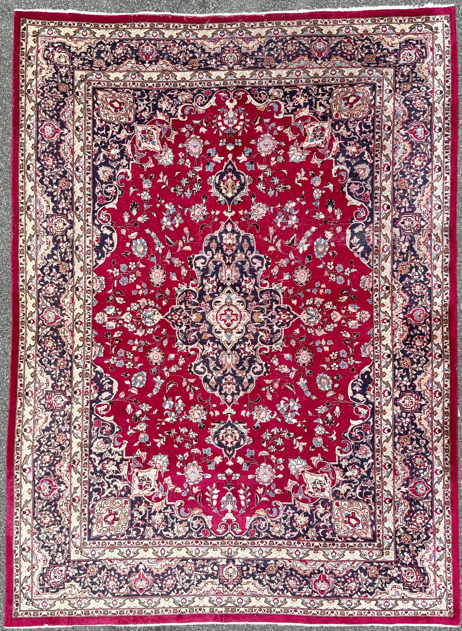 VINTAGE PERSIAN MASHAD HAND KNOTTED RUG, 8.2 x 11.1 (249cm x 338cm): Vintage Persian Mashad rug, hand knotted in Persia of 100% natural wool on a cotton foundation. This rug is 60+ years old and has Medium to low wool piles and is in excellent condition for its age. Be