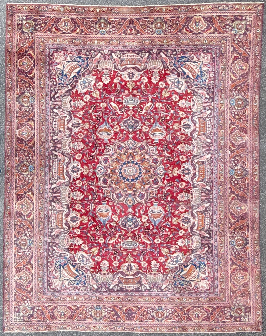 SIGNED PERSIAN KASHMAR CARPET, PICTORIAL VASE & BIRD DESIGN, RED FIELD HAND KNOTTED RUG, 9.3 x 12.0: A richly detailed and visually engaging, signed Persian Kashmar carpet, featuring an intricate pictorial field filled with vases, birds, and decorative architectural elements — a distinctive example