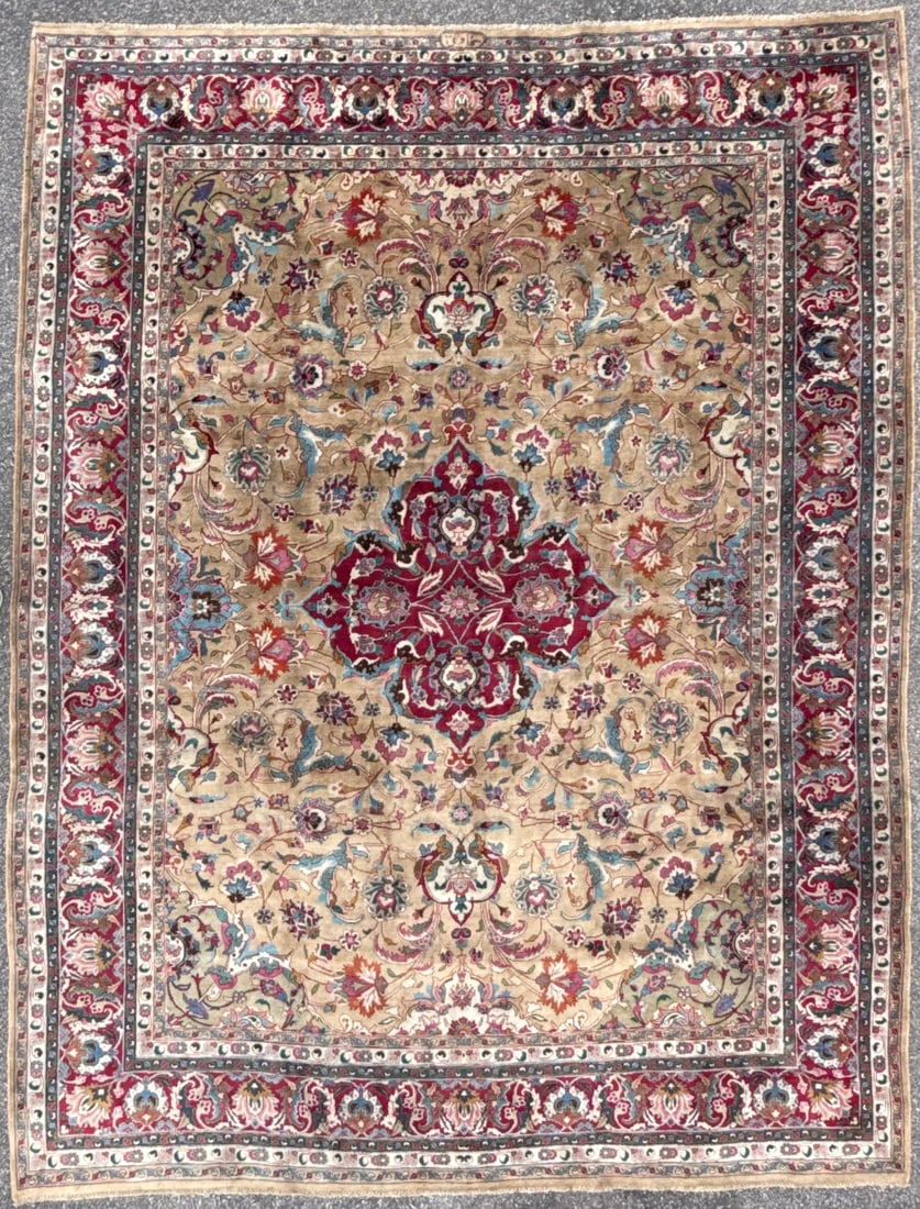 VINTAGE PERSIAN TABRIZ HAND KNOTTED RUG WITH CARTOUCHE, 9.7 x 12.5 (292cm x 378cm): An elegant and finely detailed Persian Tabriz carpet, showcasing the sophistication and artistry for which Tabriz weaving is internationally renowned. This beautifully composed piece features a lumino