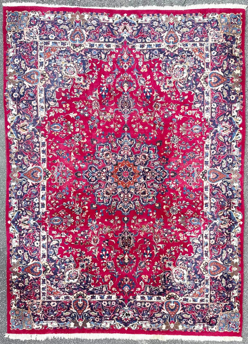 SIGNED VINTAGE PERSIAN MASHAD HAND KNOTTED RUG, 8.3 x 11.2 (251cm x 340cm): Vintage Persian Mashad rug, hand knotted in Persia of 100% natural wool on a cotton foundation. This rug is 60+ years old and has full wool piles and is in excellent condition for its age. Beautiful c