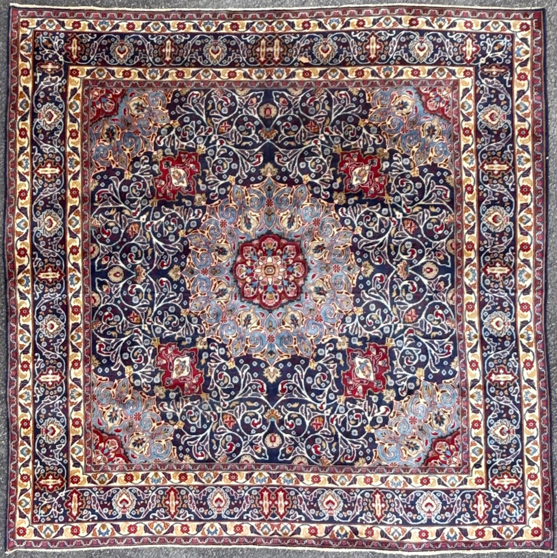 VINTAGE PERSIAN KASHMAR SQUARE HAND KNOTTED RUG, 9.4 x 9.4 (239cm x 239cm): Vintage, square Persian Kashmar rug was hand knotted in Iran of 100% natural wool on a cotton foundation. This rug is 50+ years old, has full to medium wool piles and is in like new condition. Beautif