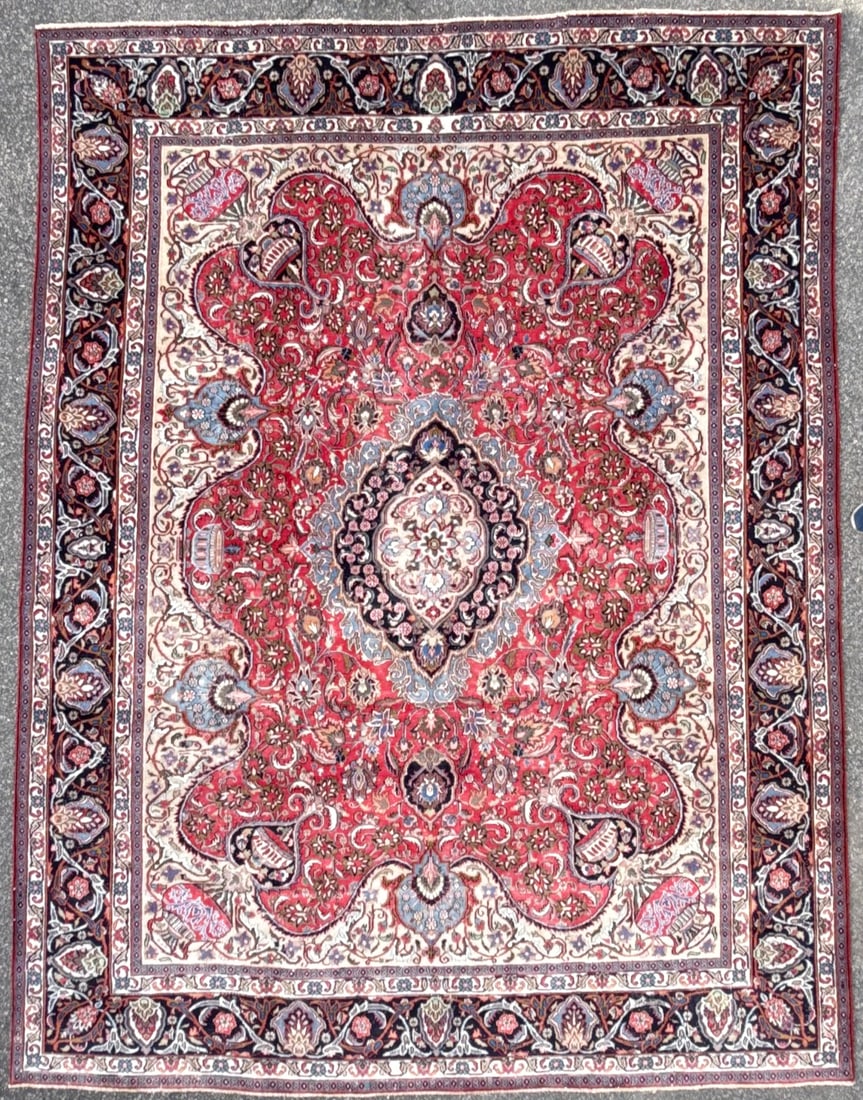 VINTAGE PERSIAN KASHMAR ARCHEOLOGY HAND KNOTTED RUG, 9.5 x 12.5 (287cm x 378cm): Vintage, Persian Kashmar Archeology rug was hand knotted in Iran of 100% natural wool on a cotton foundation. This rug is 70+ years old, has medium wool piles and is in condition for its age. Beautifu