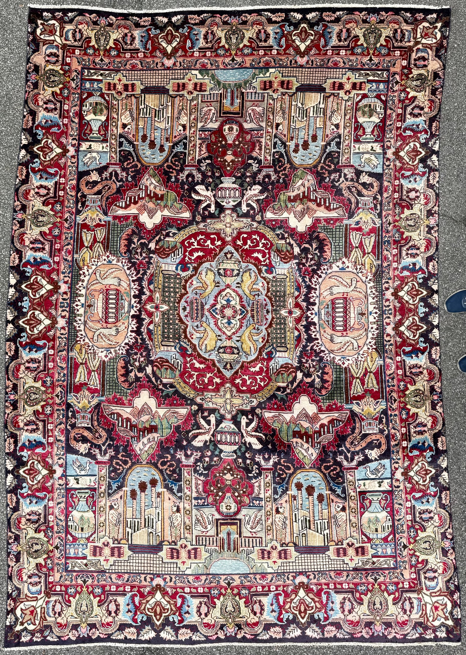 ANTIQUE PERSIAN KASHMAR ARCHEOLOGY HAND KNOTTED RUG, 8.2 x 11.0 (249cm x 335cm): Antique, Persian Kashmar Archeology rug was hand knotted in Iran of 100% natural wool on a cotton foundation. This rug is 80+ years old, has full to medium wool piles and is in excellent condition for