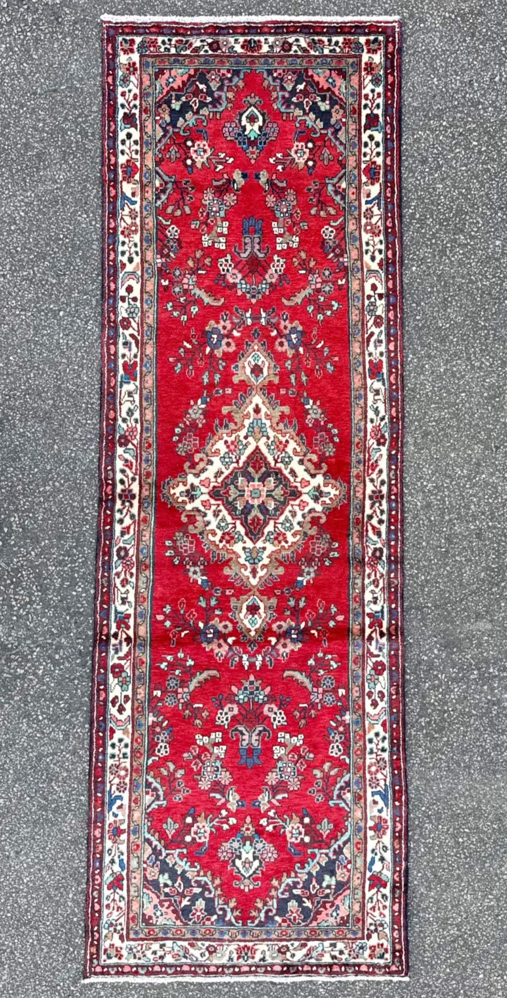 VINTAGE PERSIAN HAMADAN HAND KNOTTED RUNNER, 3.2 x 9.9 (97cm x 297cm): Vintage Persian Hamadan runner was hand knotted in Iran of 100% natural wool. This rug is 50+ years old, has medium wool piles and is in excellent condition for its age. This piece features a rich red