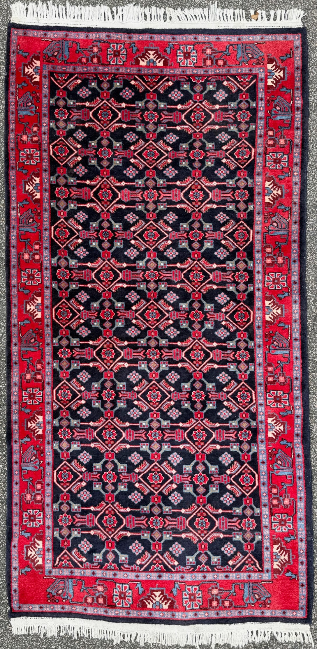 PERSIAN HAMADAN HAND KNOTTED RUG, 4.7 x 9.8 (140cm x 295cm): Persian Hamadan rug was hand knotted in Iran of 100% natural wool. This rug has full wool piles and is in like new condition. Beautiful colors with excellent quality. No repairs, very soft with a gorg