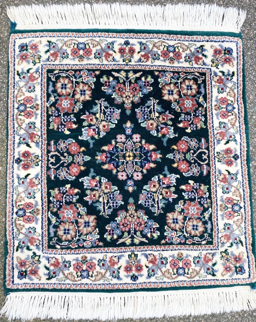 KASHAN HAND KNOTTED RUG – 2.0 x 2.7: This Kashan Rug was hand knotted in India of 100% natural wool on a cotton foundation. It has full wool piles and is in like new condition. Beautiful colors with highest quality. No holes, plush and s