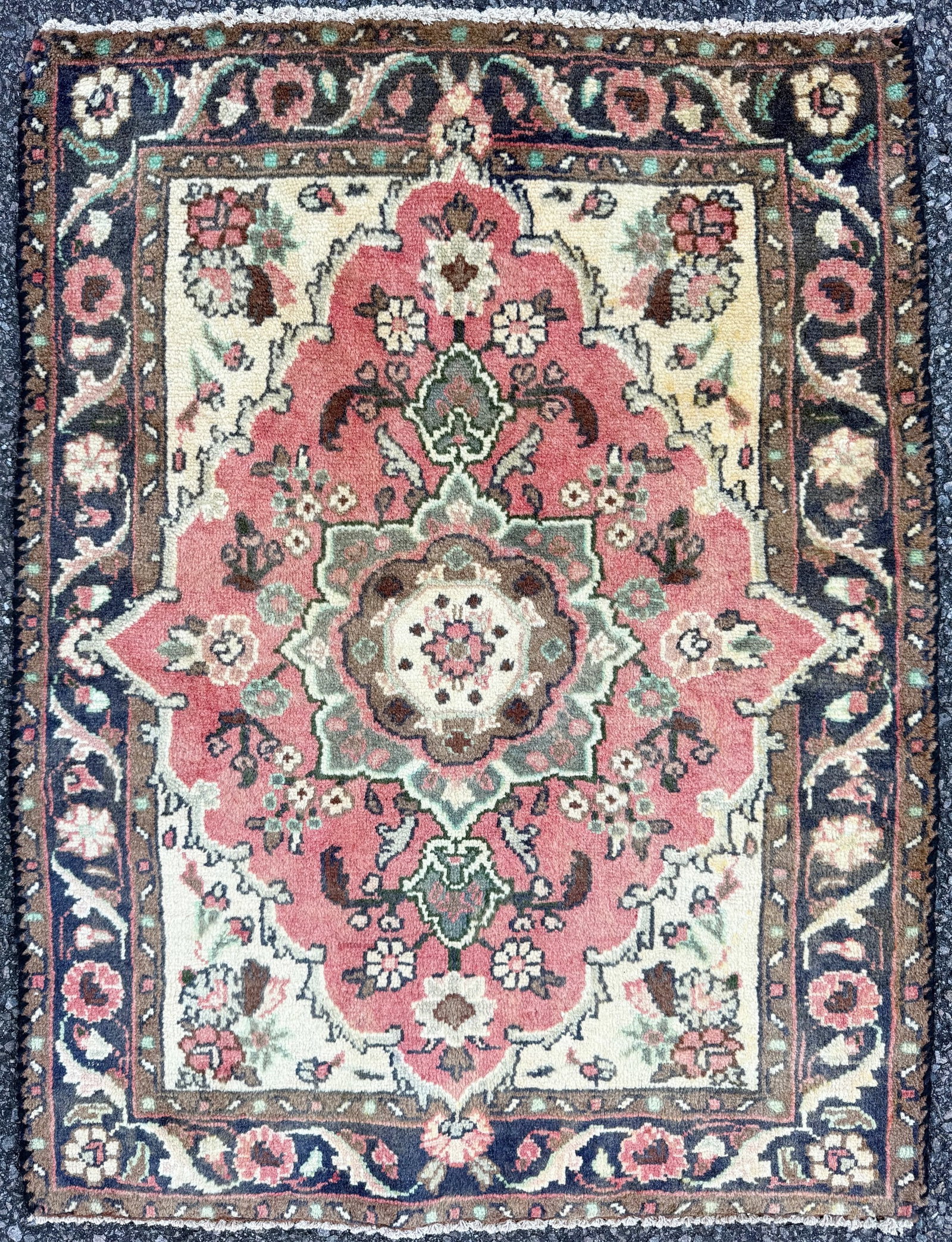 ANTIQUE PERSIAN TABRIZ HAND KNOTTED RUG, 2.4 x 3.1 (71cm x 94cm): Antique Persian Tabriz rug was hand knotted in Iran of 100% natural wool and has a cotton foundation. The rug is 90+ years old, has medium to low wool piles and is in excellent condition for its age. 