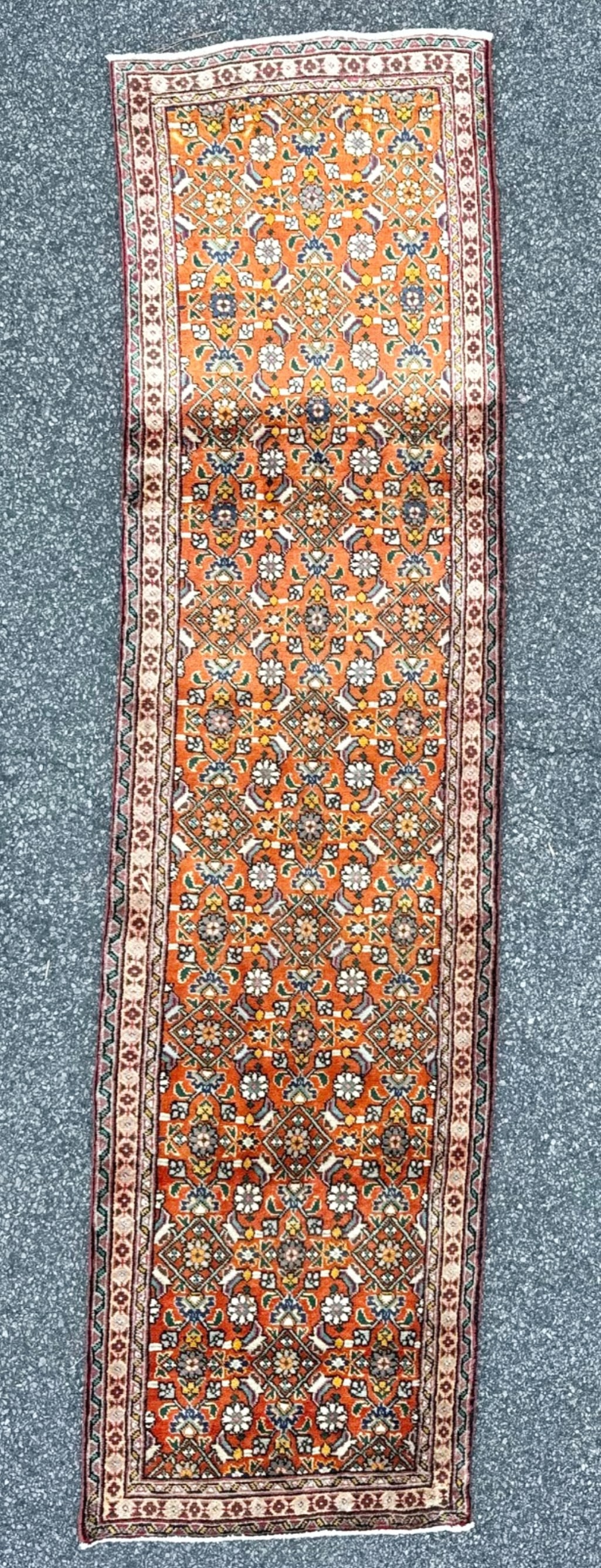 ANTIQUE PERSIAN MALAYER HAND KNOTTED RUNNER, 2.5 x 9.6 (74cm x 259cm): Antique Persian Hamadan runner was hand knotted in Iran of 100% natural wool. This rug is 80+ years old, has medium wool piles and is in excellent condition for its age. Beautiful colors with excellen