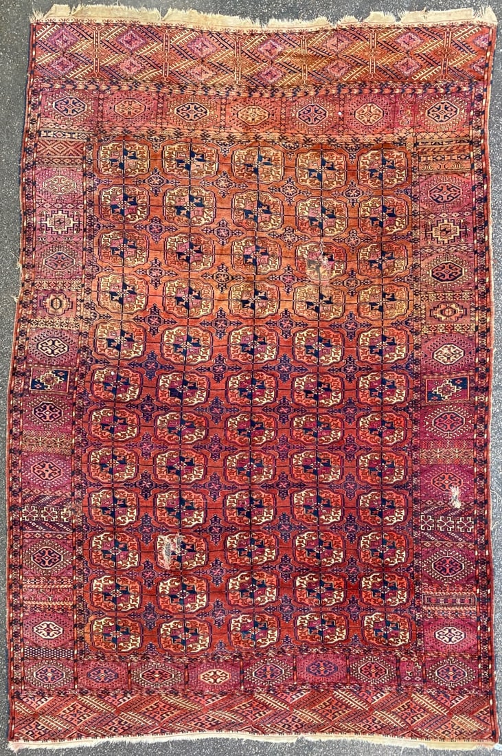 ANTIQUE BUKHARA TURKMEN HAND KNOTTED RUG, DISTRESSED, 7.10 x 10.6 (239cm x 320cm): Antique Bukhara Turkmen rug was hand knotted in Pakistan of 100% natural wool on a cotton foundation. This rug is 80+ years old, has medium to low, wool piles and is in a slightly distressed condition