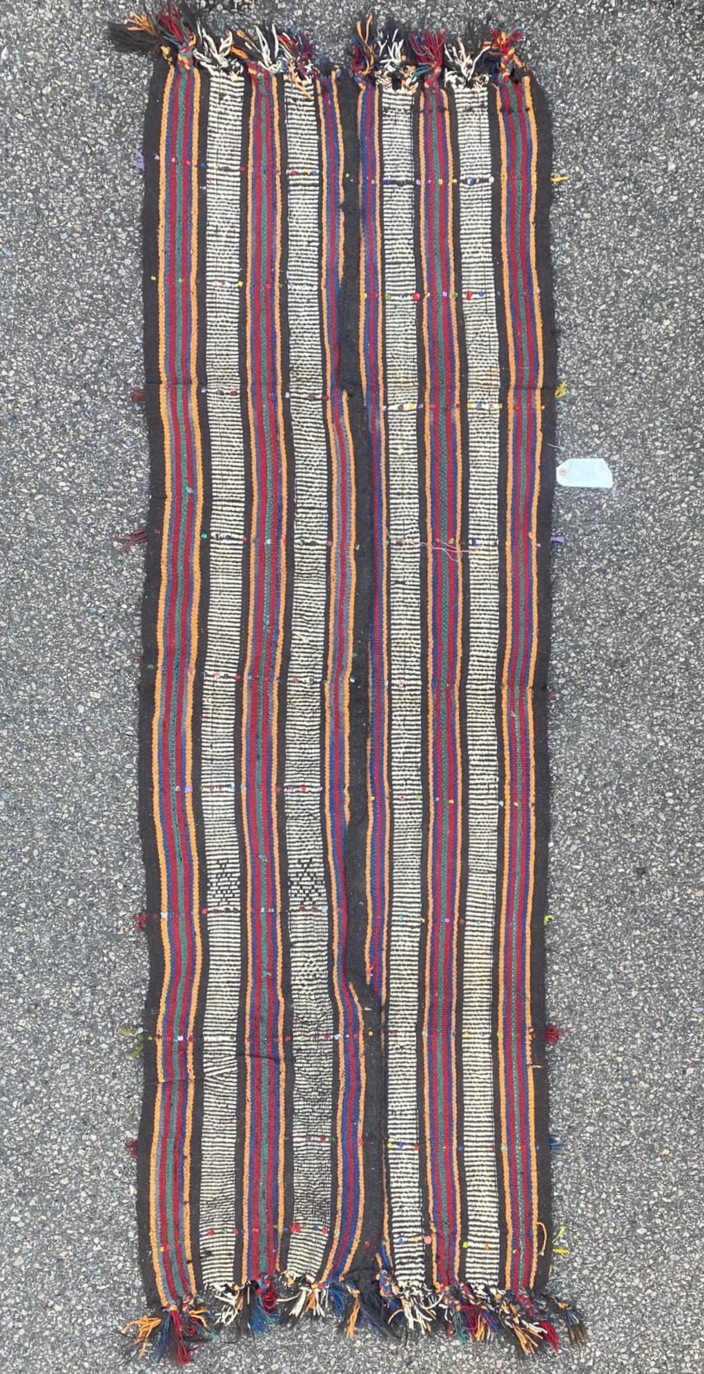 VINTAGE QASHQAI KILIM HAND KNOTTED RUG, DISTRESSED, 2.2 x 6.6 (66cm x 198cm): Vintage Qashqai Kazak flat weave rug was hand knotted in Turkey of 100% natural wool and has flat weave wool piles. This rug is 60+ years old and is in excellent condition for its age, though slightly