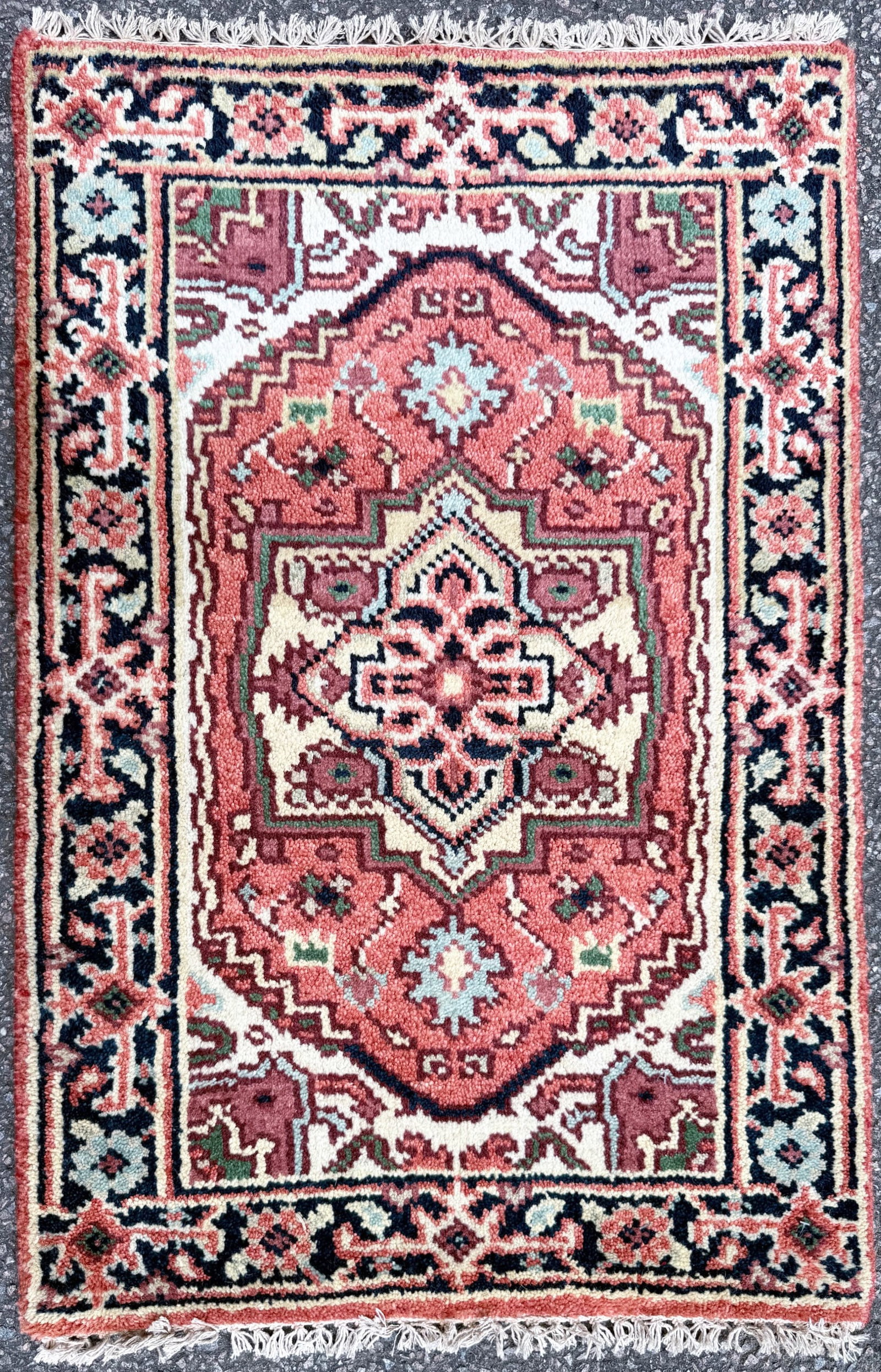 KAZAK HAND KNOTTED RUG, NEW, 2.0 x 3.0 (61cm x 91cm): New Kazak rug was hand knotted in India of 100% natural wool on a cotton foundation. The rug has full wool piles and is in brand new condition. It is made with excellent quality, nice and soft. This r