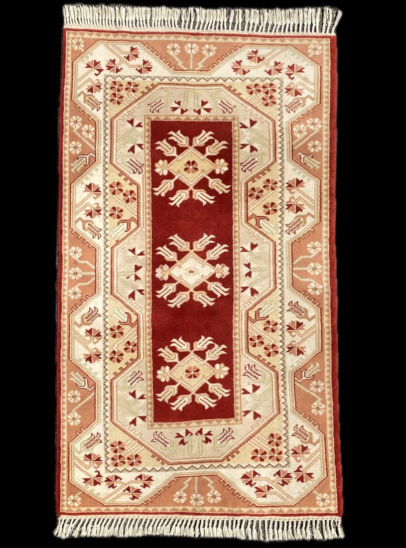 KAZAK CAUCASIAN HAND KNOTTED RUG, 3.11 x 6.10 (119cm x 208cm): Caucasian Kazak rug was hand knotted in Turkey of 100% natural wool on a cotton foundation. The rug has full wool piles and is in like new condition. It is made with excellent quality, nice and soft. 