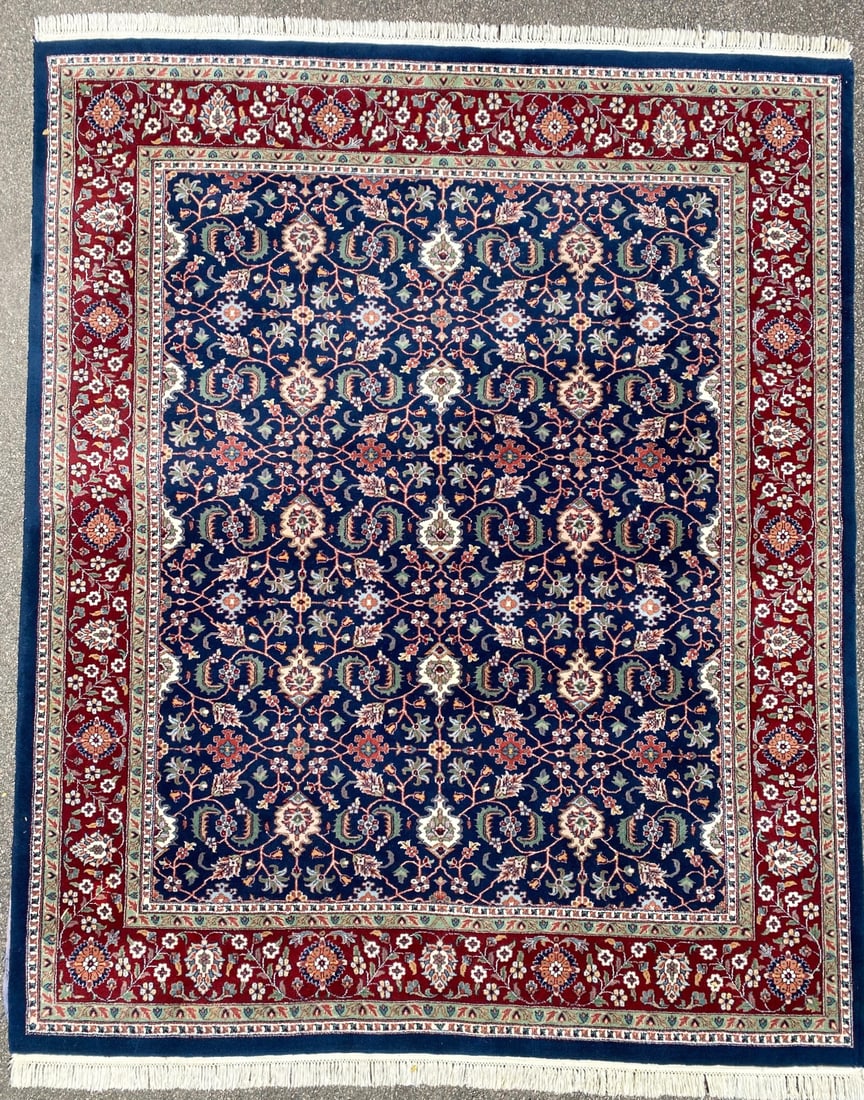 KASHAN HAND KNOTTED RUG, 8.0 x 10.0 (244cm x 305cm): This Kashan Rug was hand knotted in India of 100% natural wool on a cotton foundation. It has full wool piles and is in like new condition. Beautiful colors with the highest quality. No holes, plush a