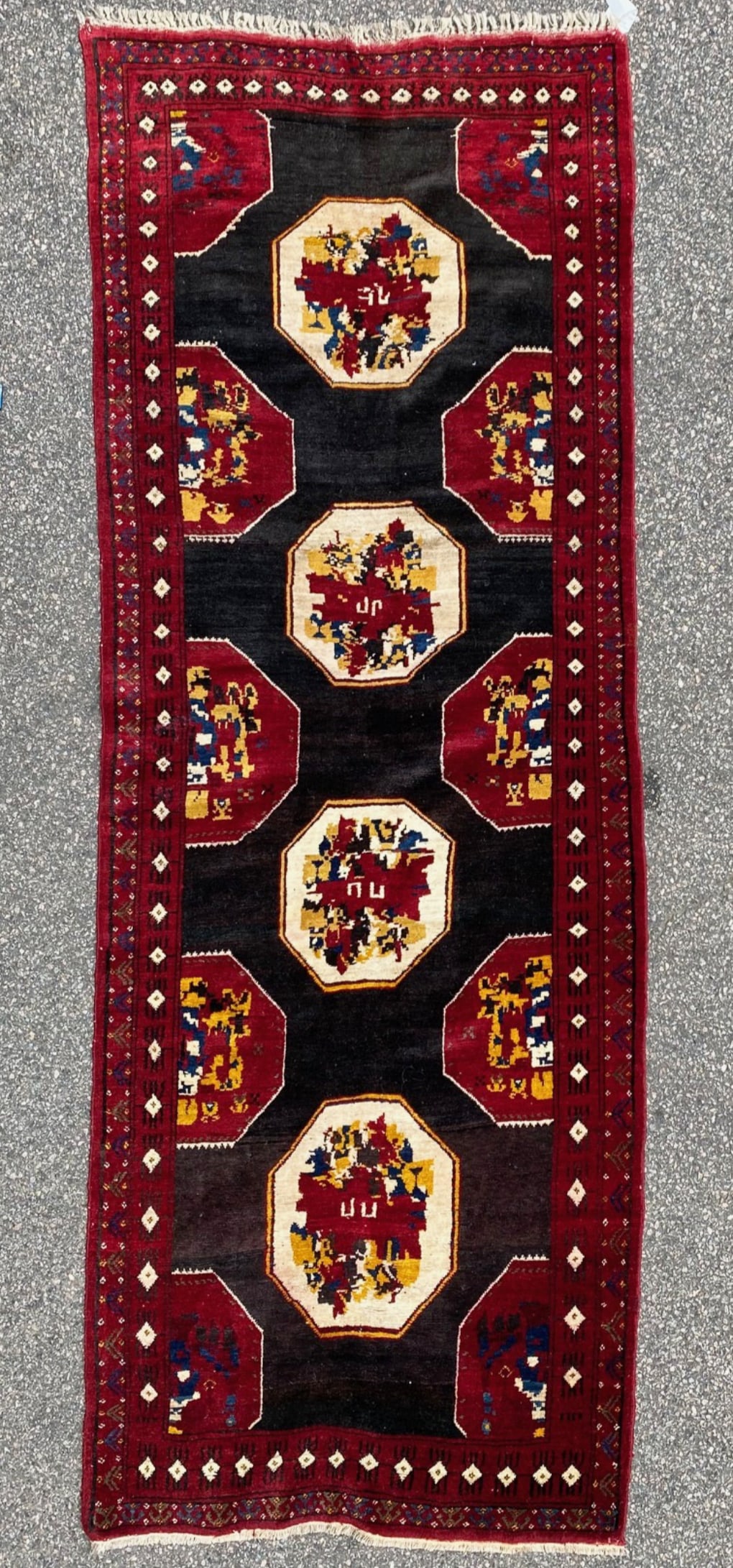 TURKEMAN HAND KNOTTED RUNNER, NEW, 3.4 x 9.1 (102cm x 277cm): Turkeman runner was hand knotted in Afghanistan of 100% natural wool on a cotton foundation. It has full, even, wool piles and is in brand new condition. Beautiful colors with excellent quality. No ho