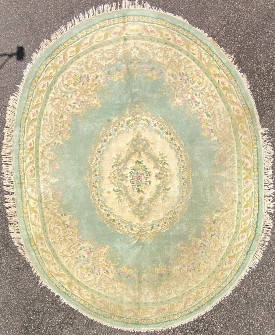 FRENCH STYLE AUBUSSON OVAL HAND KNOTTED RUG, 9.3 x 12.0 (282cm x 366cm): French style, oval Aubusson rug was hand knotted in China of 100% natural wool on a cotton foundation. The rug has very thick wool piles and is in excellent condition. Beautiful colors and made with e