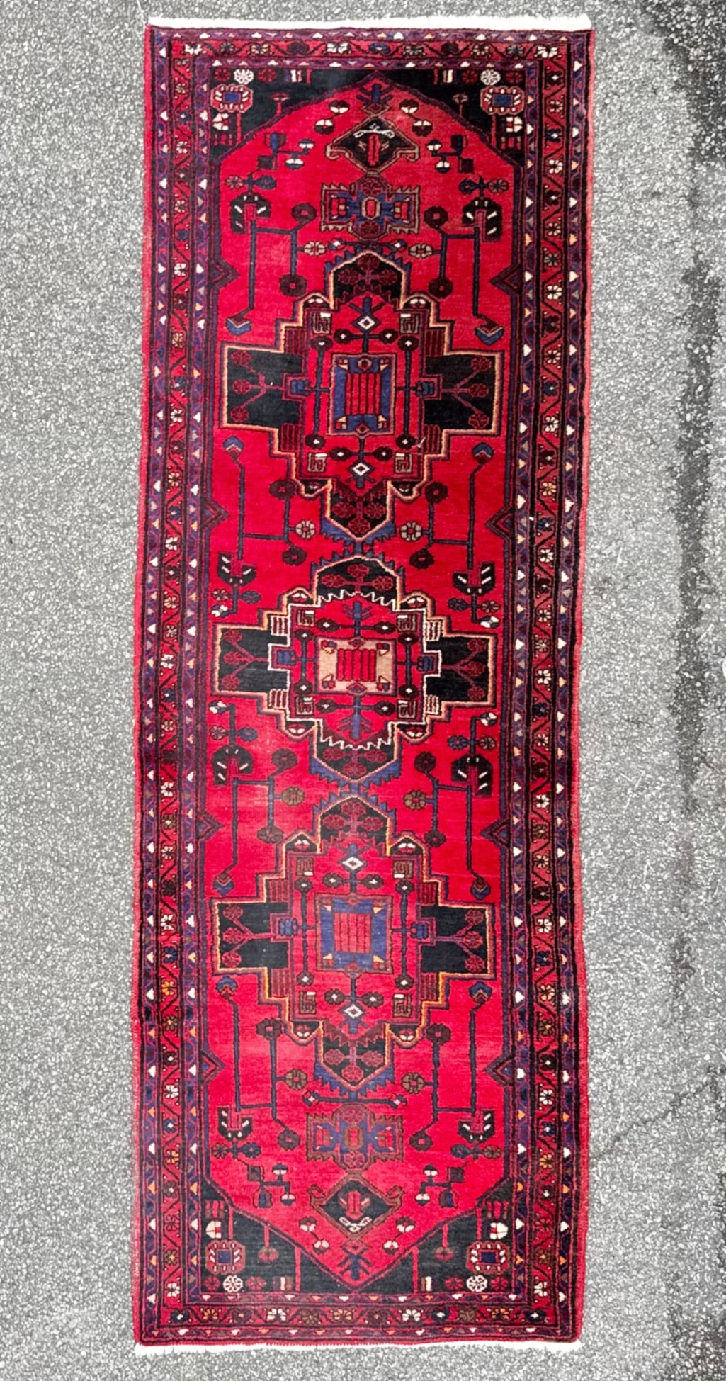 VINTAGE PERSIAN HAMADAN HAND KNOTTED RUNNER, 3.3 x 9.9 (99cm x 297cm): Vintage Persian Hamadan rug was hand knotted in Iran of 100% natural wool on a cotton foundation. This rug is 60+ years old, has medium wool piles and is in excellent condition for its age. Beautiful 