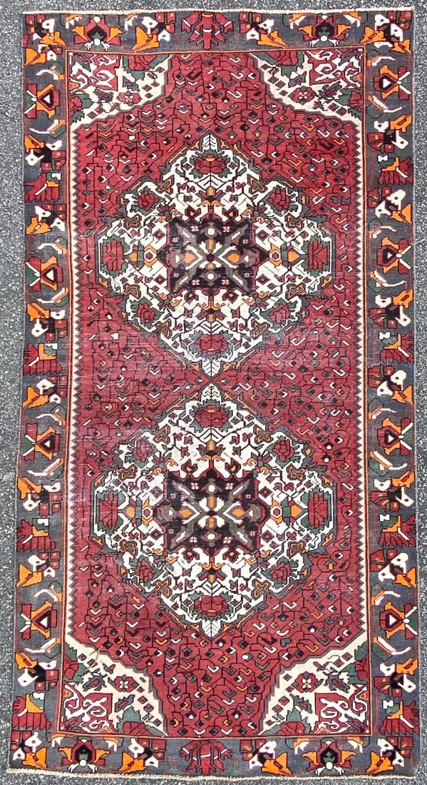 ANTIQUE PERSIAN HAMADAN HAND KNOTTED RUG, 5.0 x 9.7 (152cm x 292cm): Antique Persian Hamadan rug was hand knotted in Iran of 100% natural wool. This rug is 90+ years old, has medium to low wool piles and is in excellent condition for its age. Beautiful colors with exce
