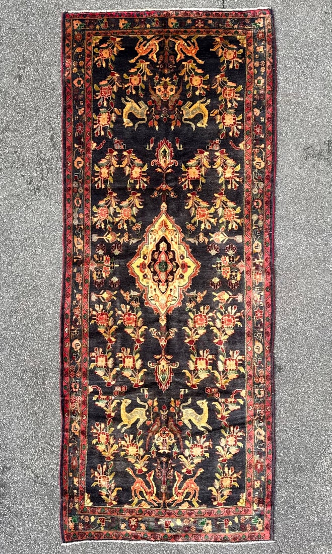 ANTIQUE PERSIAN MEHRABAN PICTORIAL HAND KNOTTED RUNNER, 4.2 x 10.7 (127cm x 323cm): Antique Persian Hamadan Mehraban runner was hand knotted in Iran of 100% natural wool. This rug is 90+ years old, has medium wool piles and is in excellent condition for its age. Beautiful colors with