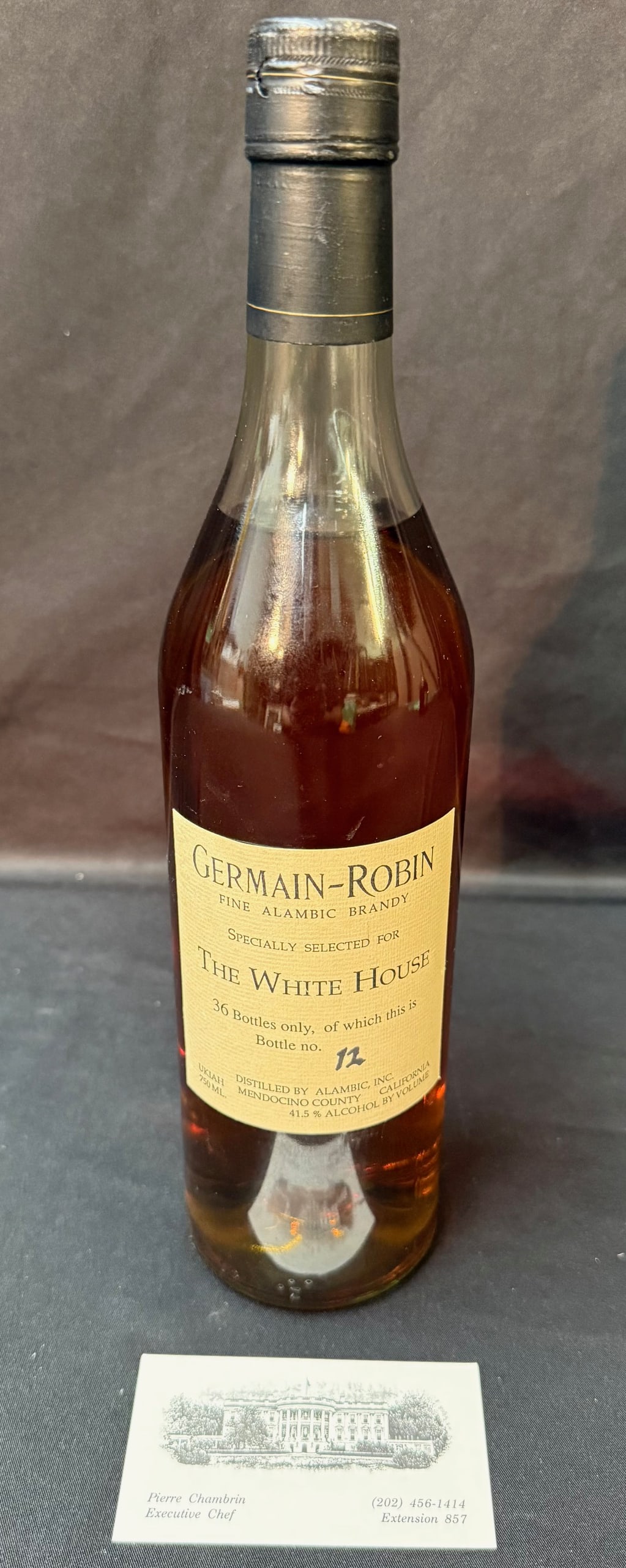 GERMAIN-ROBIN “SPECIALLY SELECTED FOR THE WHITE HOUSE?? LIMITED BRANDY, BOTTLE NO. 12 OF 36,: An exceptionally rare, ultra-limited Germain-Robin brandy, one of only 36 bottles produced, personally retained by Pierre Chambrin and offered directly from his estate. A highly unusual and historical
