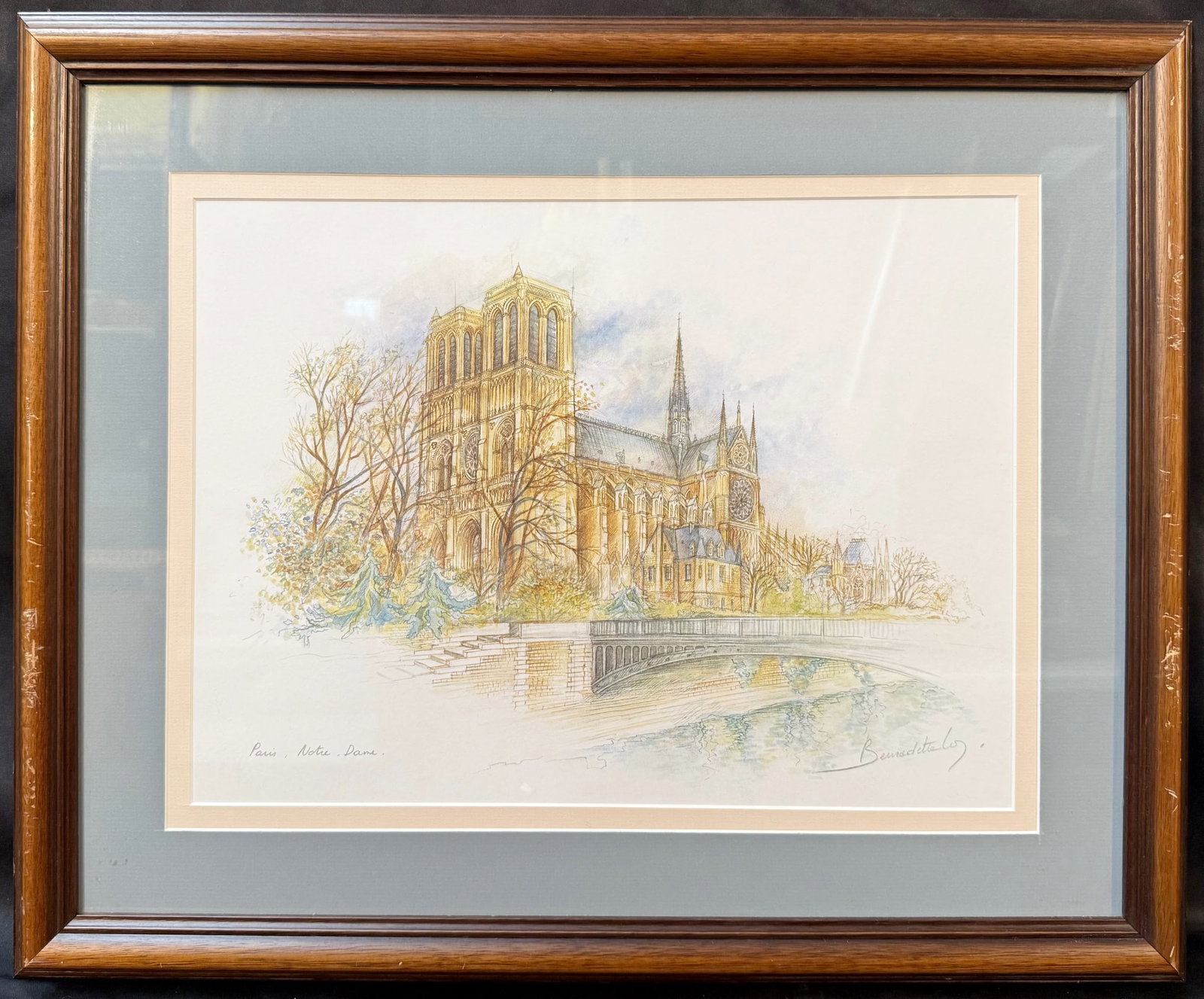 HAND-SIGNED NOTRE DAME PARIS LITHOGRAPH, WHITE HOUSE CHEF PIERRE CHAMBRIN ESTATE, 18.5IN x 22.5IN (1 of 7)