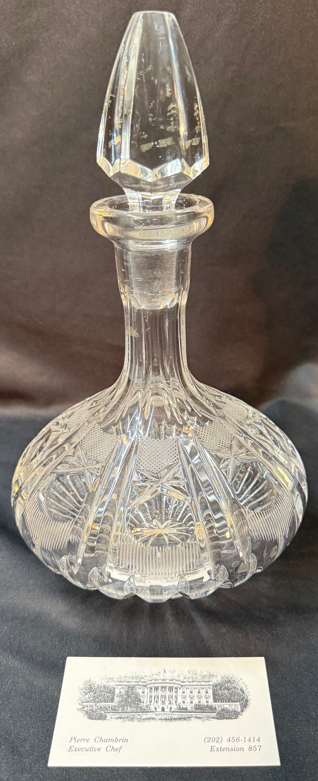 WHITE HOUSE EXECUTIVE CHEF PIERRE CHAMBRIN ESTATE CRYSTAL DECANTER, CUT CRYSTAL FROM HIS EXTENSIVE (1 of 5)