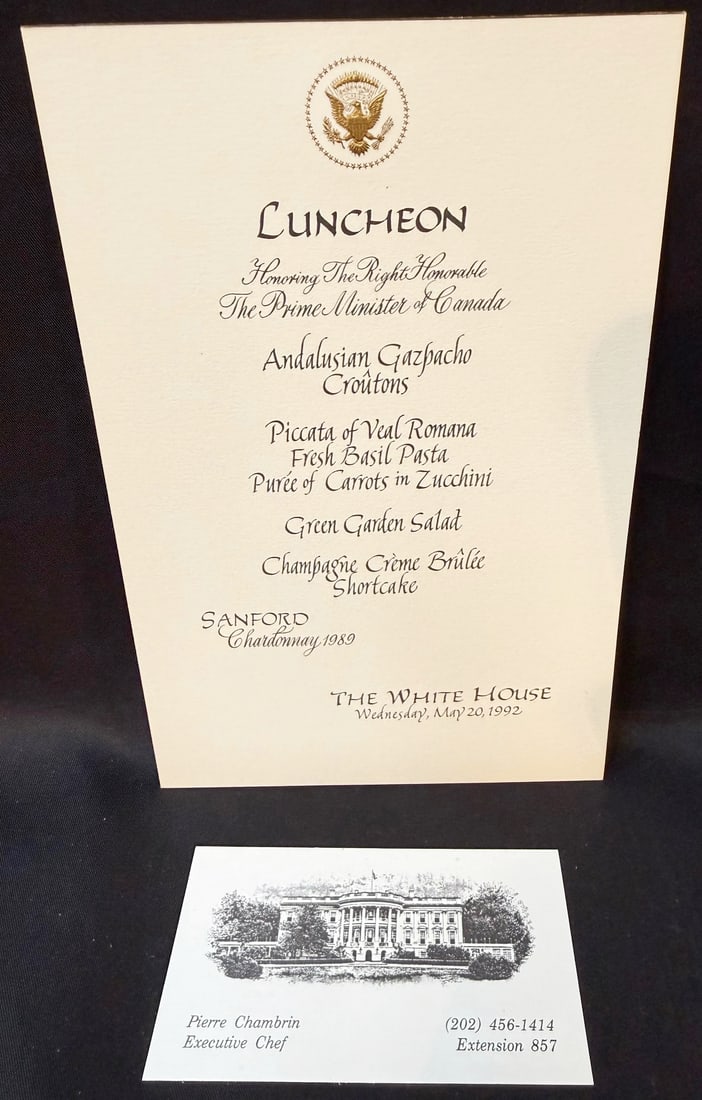 WHITE HOUSE LUNCHEON MENU HONORING CANADIAN P.M. BRIAN MULRONEY, MAY 20, 1992, ESTATE OF WHITE HOUSE: An exceptional piece of official White House diplomatic and culinary ephemera from the estate of former White House Executive Chef Pierre Chambrin, documenting a formal White House luncheon held on Ma