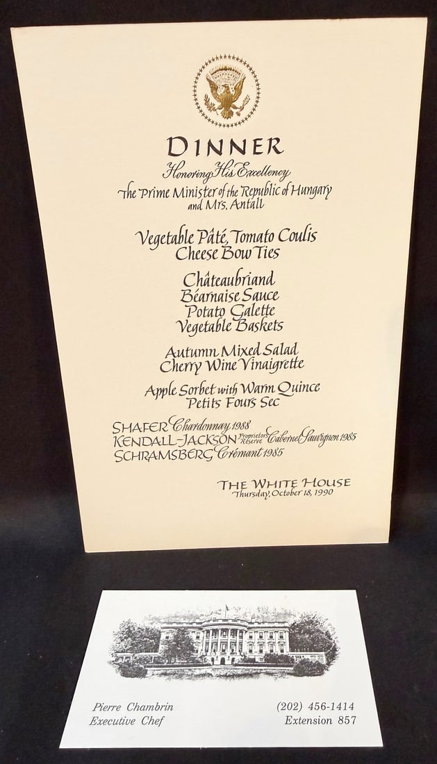 WHITE HOUSE LUNCHEON MENU HONORING THE P.M. OF HUNGARY, OCTOBER 18, 1990, ESTATE OF WHITE HOUSE: This is an important Cold War-era diplomatic White House dinner menu from the administration of President George H.W. Bush, created for a formal White House dinner honoring “His Excellency The Prime