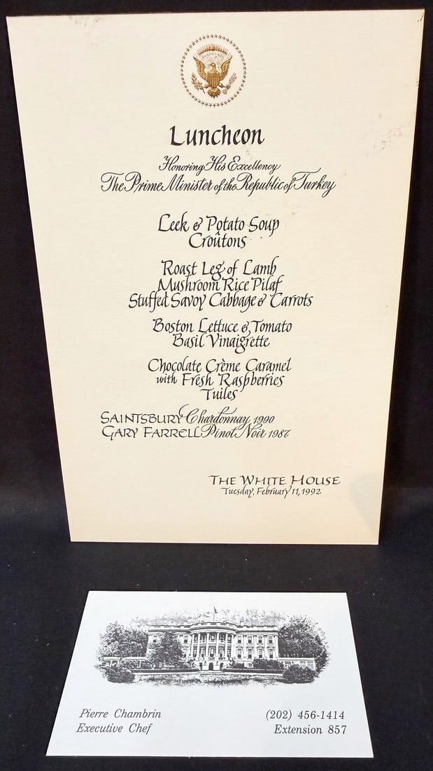 WHITE HOUSE LUNCHEON MENU, FEBRUARY 11, 1992, FOR THE P.M. OF TURKEY, ESTATE OF EXECUTIVE CHEF: This is an authentic formal White House luncheon menu card created for an official luncheon honoring His Excellency, The Prime Minister of the Republic of Turkey at The White House on Tuesday, Februar
