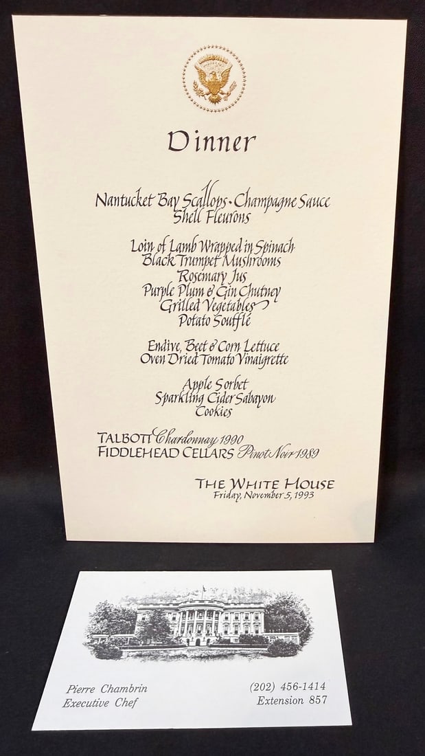WHITE HOUSE DINNER MENU FOR TOP DONORS INCLUDING JEFFREY EPSTEIN, CLINTON ERA POLITICAL EVENT,: Official White House dinner menu card dated November 5, 1993, from the estate of former White House Executive Chef Pierre Chambrin, accompanied by Chambrin’s original White House Executive Chef busi