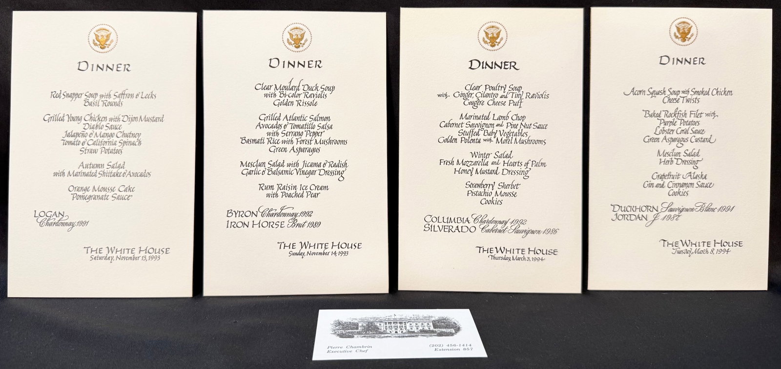 WHITE HOUSE DIPLOMATIC DINNER MENU COLLECTION, ESTATE OF FORMER WHITE HOUSE EXECUTIVE CHEF PIERRE: An extraordinary surviving archive of original formal White House dinner menu cards preserved from the estate of former White House Executive Chef Pierre Chambrin, who was the legendary French-born ch